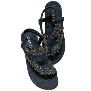 SIKETU NAVY JEWELED FLIP FLOP SANDALS SZ